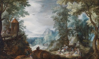Bewaldete Landschaft mit einem Überfall von Pieter Schoubroeck
